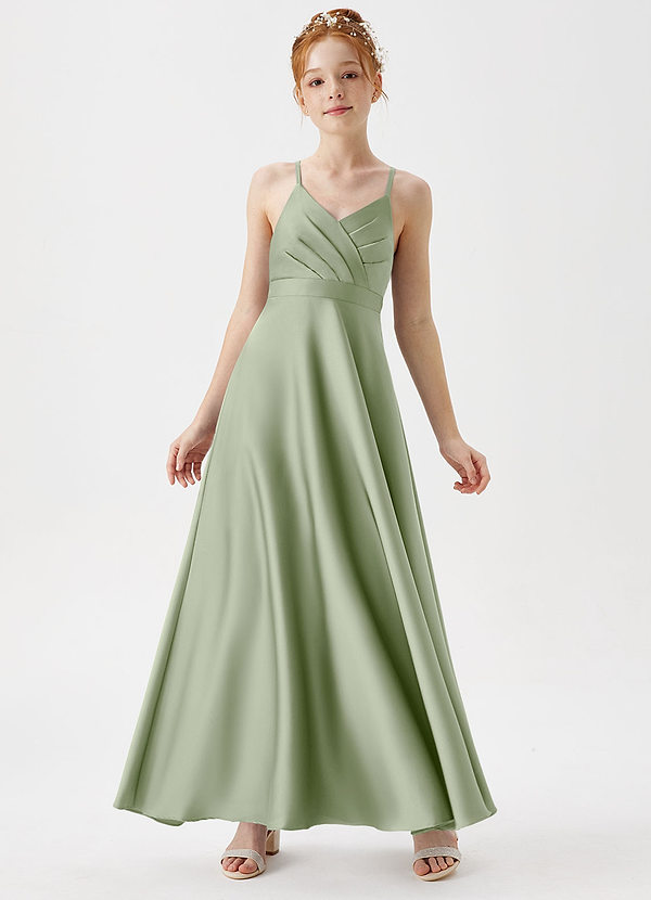 Azazie Avelina Junior A-Linie Plissee Stretch-Satin Kleid Staubiger Salbeigrün image1