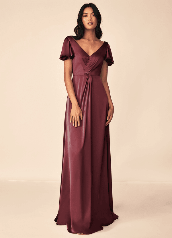 Azazie Soren Bridesmaid Dresses Merlot A-Line Pleated Stretch Satin Dress image1