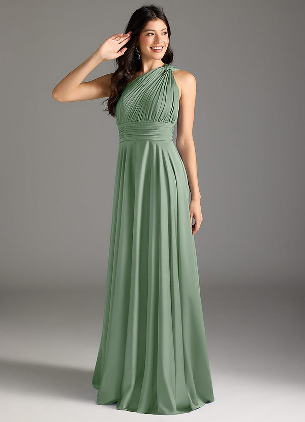 Azazie Charlize Bridesmaid Dresses Matcha A-Line One Shoulder Stretch Satin Dress image1