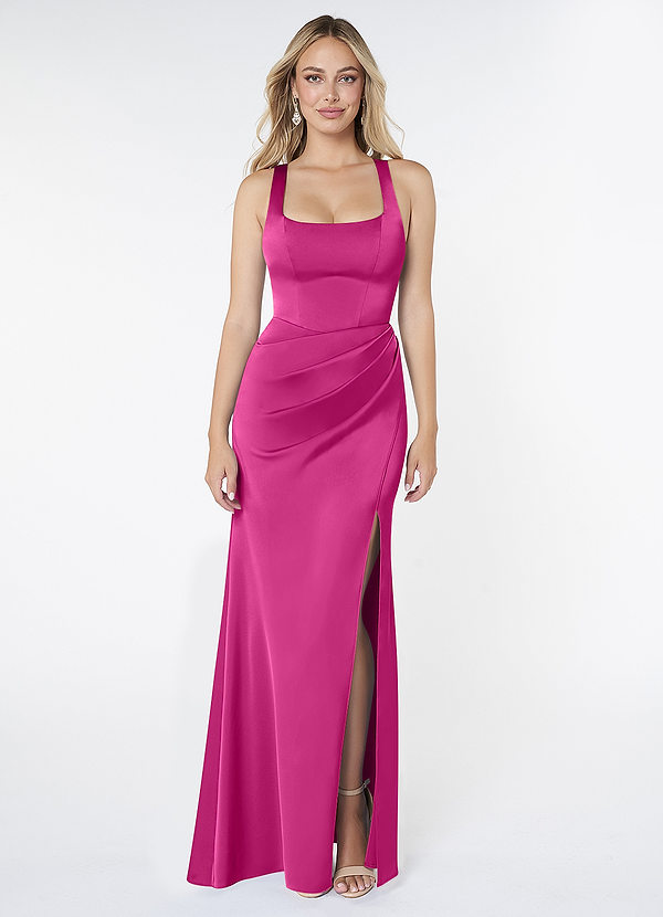 Azazie Mero Bridesmaid Dresses Fuchsia Sheath Pleated Stretch Satin Dress image1