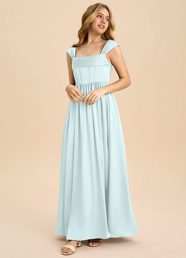 Azazie Hattie Junior Sea Glass A-Line Pleated Stretch Satin Dress image1