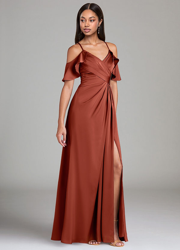 Azazie Dakota Bridesmaid Dresses Terracotta A-Line Off the Shoulder Stretch Satin Dress image1