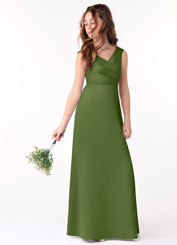 Azazie Sadia Junior Vestido Zimbro de Cetim elástico de Linha A com Plissado image1