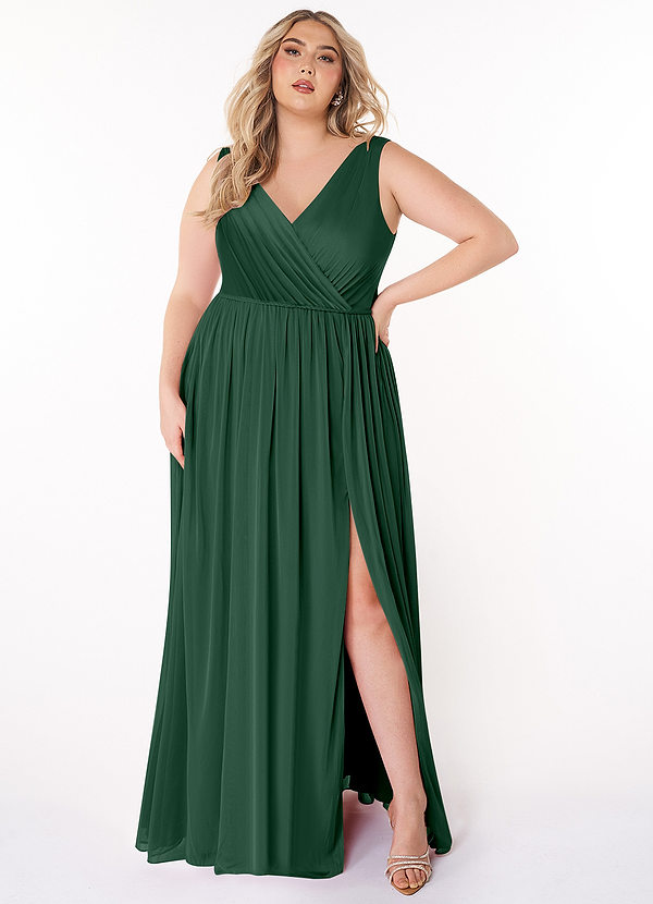 Azazie Tanicia Brautjungfernkleider A-Linie V-Hals Gefaltet Gittergewebe Kleid Dunkelgrün image1