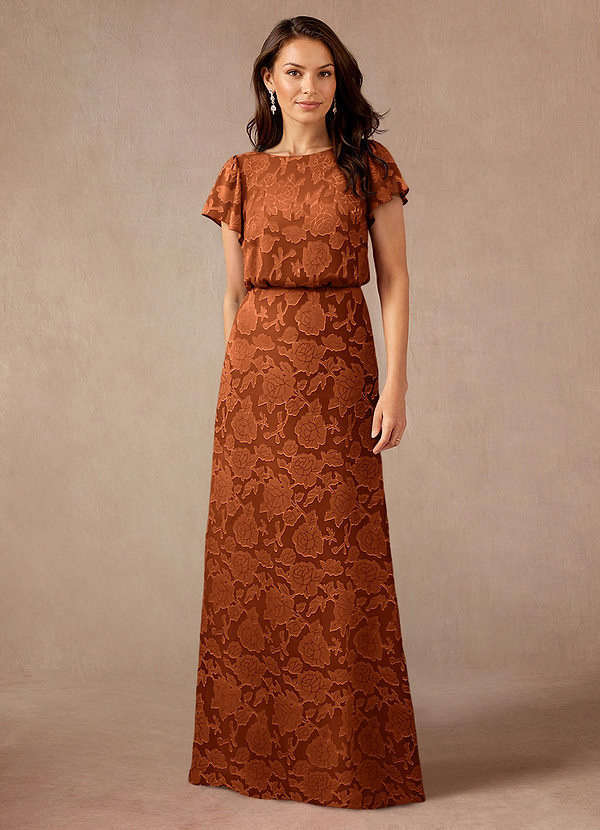 Azazie Lehi Vestidos de Madre de la Novia Vestido de Naranja Quemada de Devorado Floral de Corte en A con Cuello de barco image1