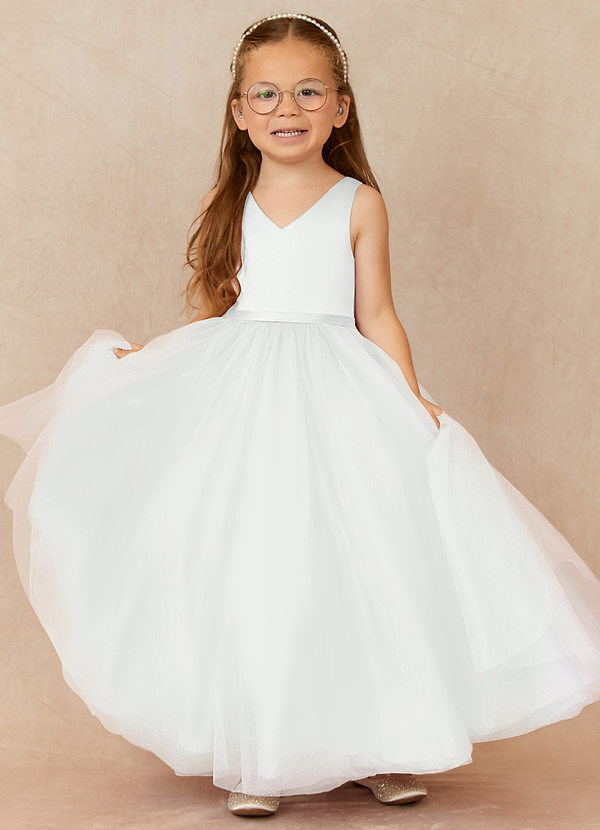 Azazie Marybell Flower Girl Dresses Diamond White A-Line Bow Tulle Dress image1