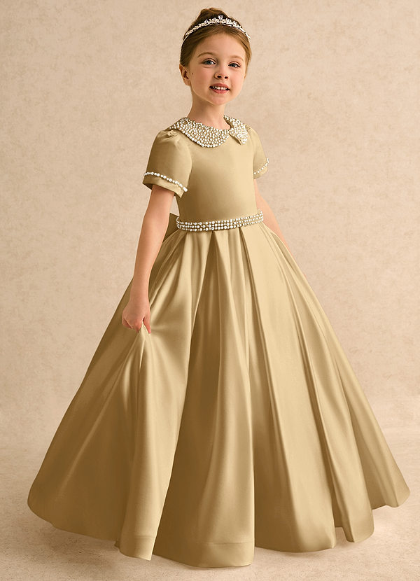 Azazie Gabriella Flower Girl Dresses Gold Ball-Gown with Sleeves Matte Satin Dress image1