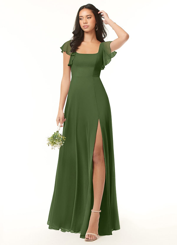 Azazie Bondi Bridesmaid Dresses Vestir Oliva de Chiffon de Linha A com Ruched image1