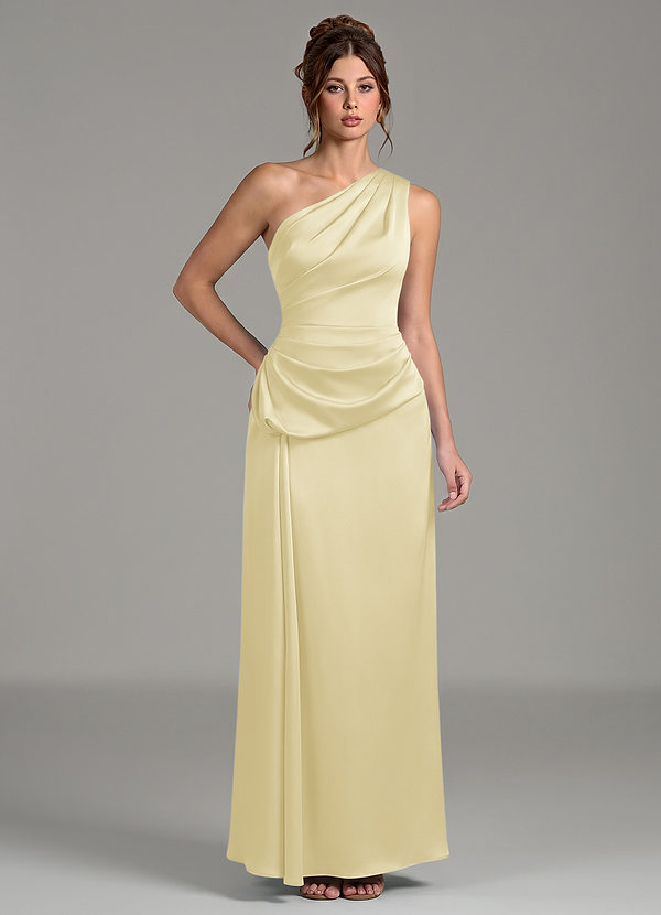 Azazie Zahira Bridesmaid Dresses Lemon Sorbet Sheath One Shoulder Stretch Satin Dress image1