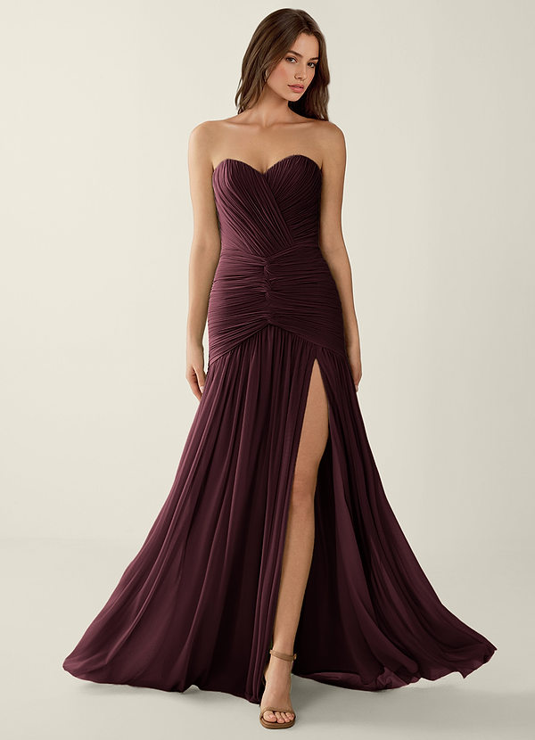 Blairen Borgoña Vestido de fiesta de malla con técnica de fruncido a mano image1