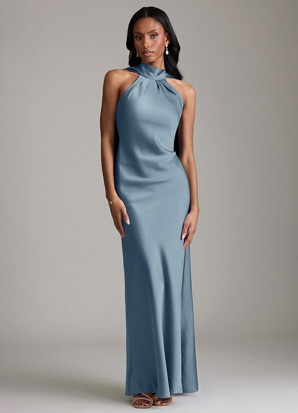 Azazie Cassiana Bruidsmeisjes Jurken Jurk van Stretch Satijn met Zeemeermin Geplooid Stoffig Blauw image1