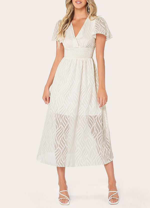 front Robe Blanc Longueur Midi Smockée Florale à Manches Flottantes