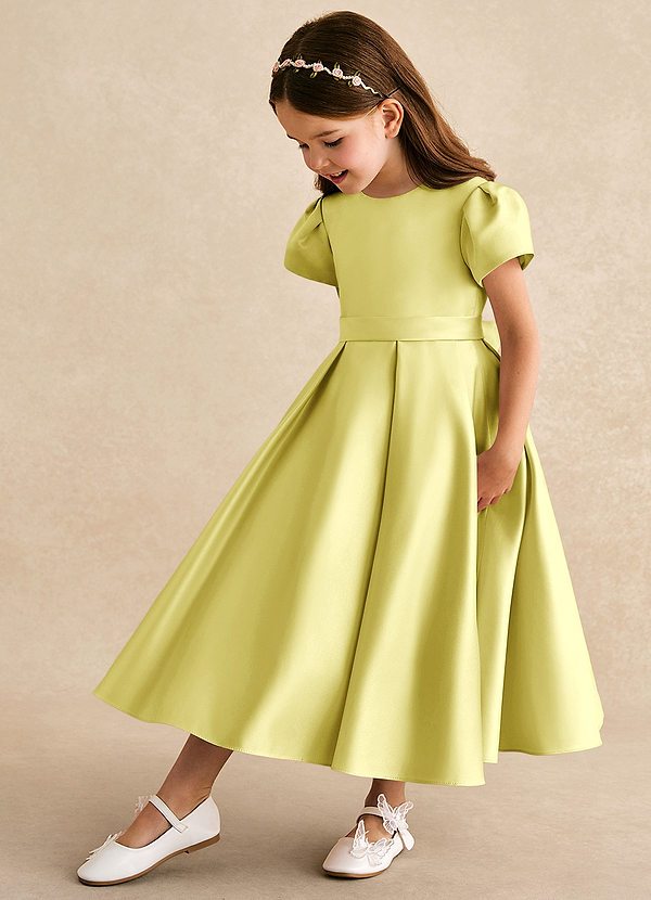 Azazie Princess Flower Girl Dresses Lemon Sorbet A-Line Pleated Matte Satin Dress image1