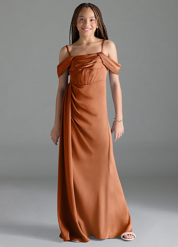 Azazie Amyra Junior Copper Sheath Off the Shoulder Stretch Satin Dress image1