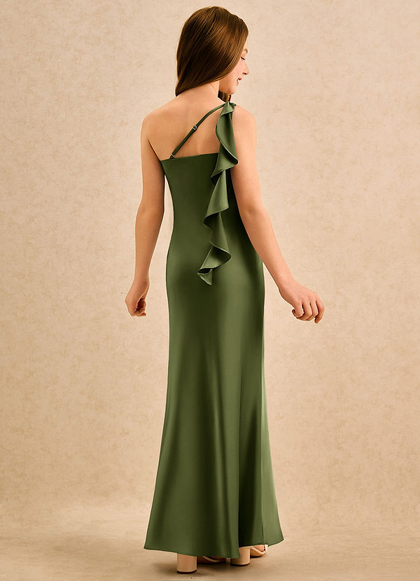 Azazie Almond Girls Formal Robes de Fillette d'Honneur Robe Fourreau en Satin extensible Une épaule Olive image1