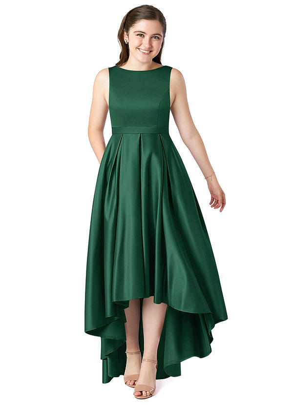 Azazie Inaya Junior A-Linie Gürtel/Schärpe Stretch-Satin Kleid Dunkelgrün image1