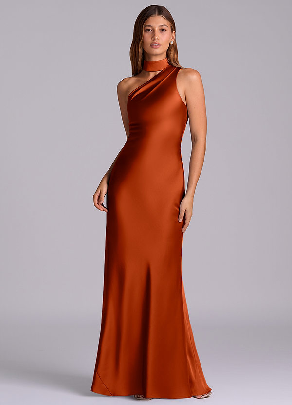 Azazie Seona Vestidos de Dama de Honor Vestido Páprica de Cetim elástico de sereia com Ombro Único image1