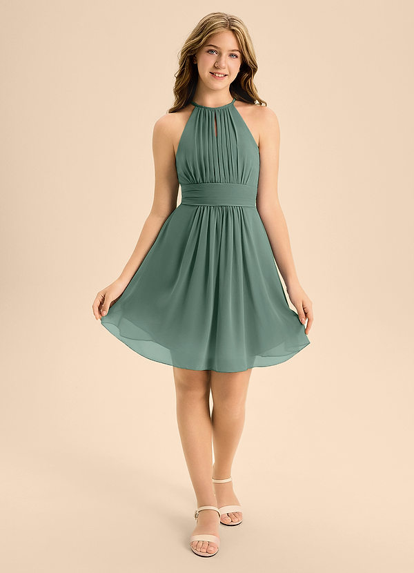 Azazie Bonnie Junior Sea Moss A-Line Pleated Chiffon Dress image1