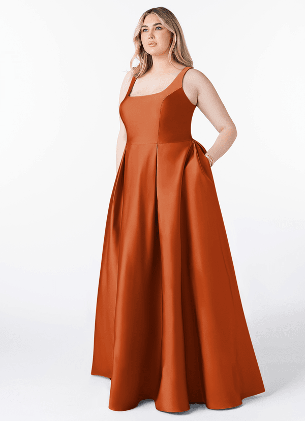Azazie Neve Robes Demoiselle d'honneur Robe Princesse en Satin extensible avec poches Orange Brûlée image1