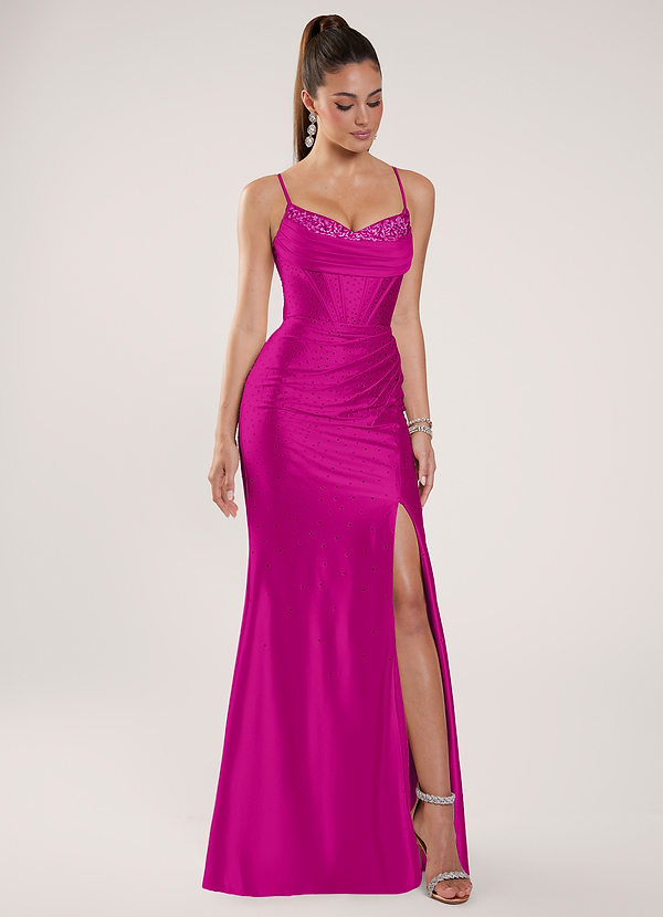 Nogolla Rose Red Beading Rhinestone Stretch Satin Prom Dress image1