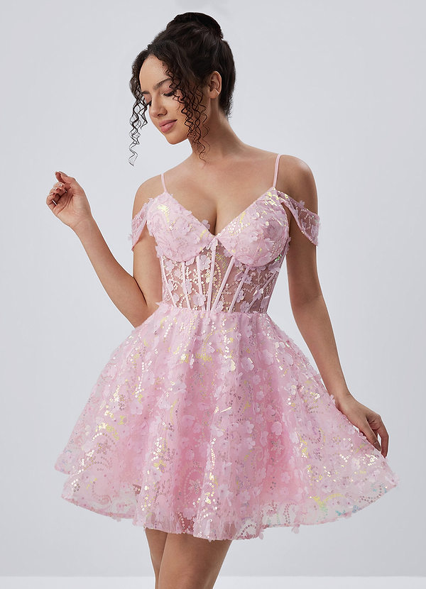 Kaelaniora Pink Sequin Embroidery 3D Flowers Tulle Corset Mini Dress image1