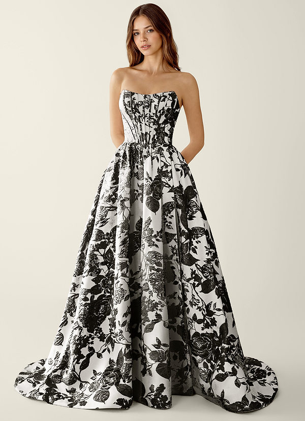 Allegra Black Floral Jacquard Wrap A-line Prom Dress image1