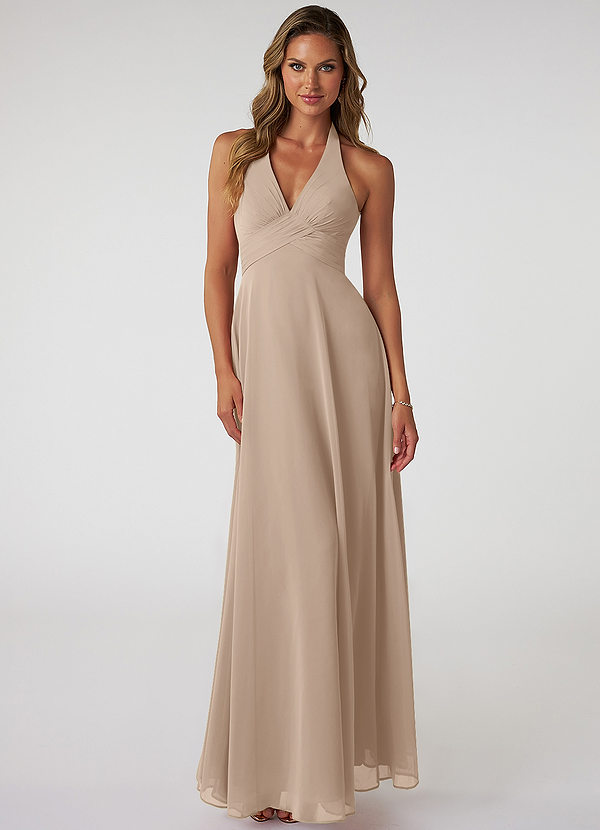 Azazie Tessie Bridesmaid Dresses Taupe A-Line V-Neck Pleated Chiffon Dress image1