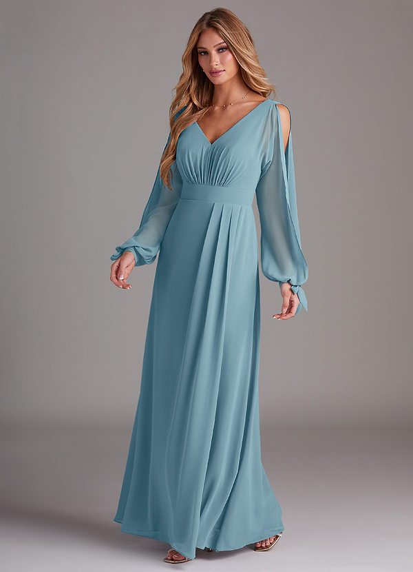 Azazie Matilda Bridesmaid Dresses Moody Blue A-Line Long Sleeve Chiffon Dress image1