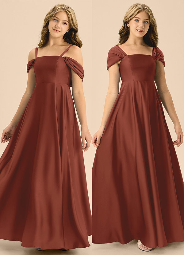 Azazie Rowena Junior Vestido de Castaño de Satén Elástico de Corte en A con Lazo image1
