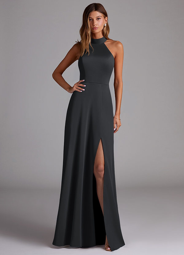 Azazie Myra Bridesmaid Dresses Black A-Line Side Slit Stretch Satin Dress image1