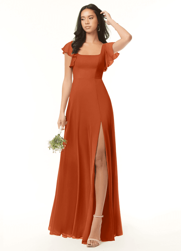 Azazie Bondi Bridesmaid Dresses Burnt Orange A-Line Ruffled Chiffon Dress image1