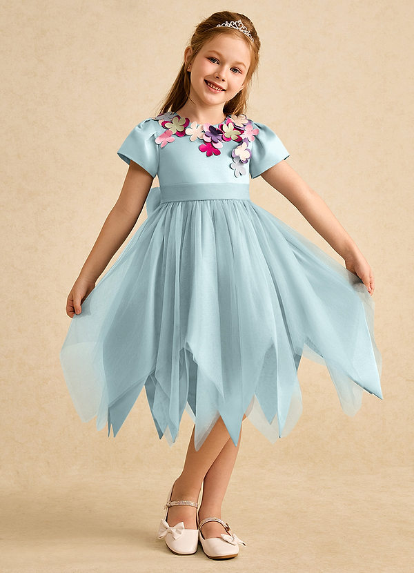 Azazie Janna Flower Girl Dresses Mist A-Line with Sleeves Matte Satin Dress image1