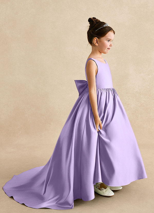 Azazie Mimia Robes de Fillette d'Honneur Robe Trapèze en Mat Satiné Arc Lilas image1