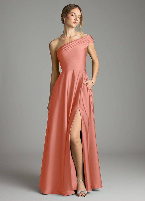 Azazie Melanie Vestidos Dama de Honor Vestido de Rosa Salmón de Satén Elástico de Corte en A con Vestidos sin tirantes image1