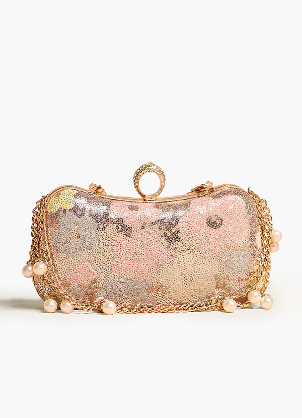 Pochette Donna Con Strass E Paillettes - Borsa Sera Elegante Con Catena, Per Matrimoni E Feste, Rosa Oro