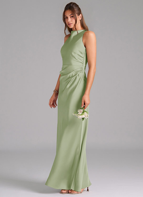 Azazie Evadne Bridesmaid Dresses Dusty Sage Sheath Pleated Stretch Satin Dress image1
