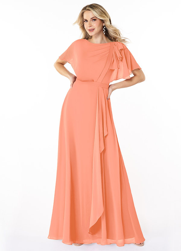 Azazie Aaliyah Modest Bridesmaid Dresses A-Line Scoop Pleated Chiffon Floor-Length Dress image1