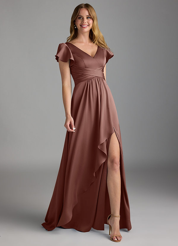 Azazie Omari Bruidsmeisjes Jurken Jurk van Stretch Satijn met A-Lijn Espresso image1