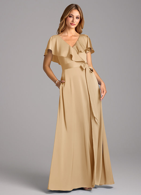 Azazie Lainey Bridesmaid Dresses Gold A-Line with Pockets Stretch Satin Dress image1
