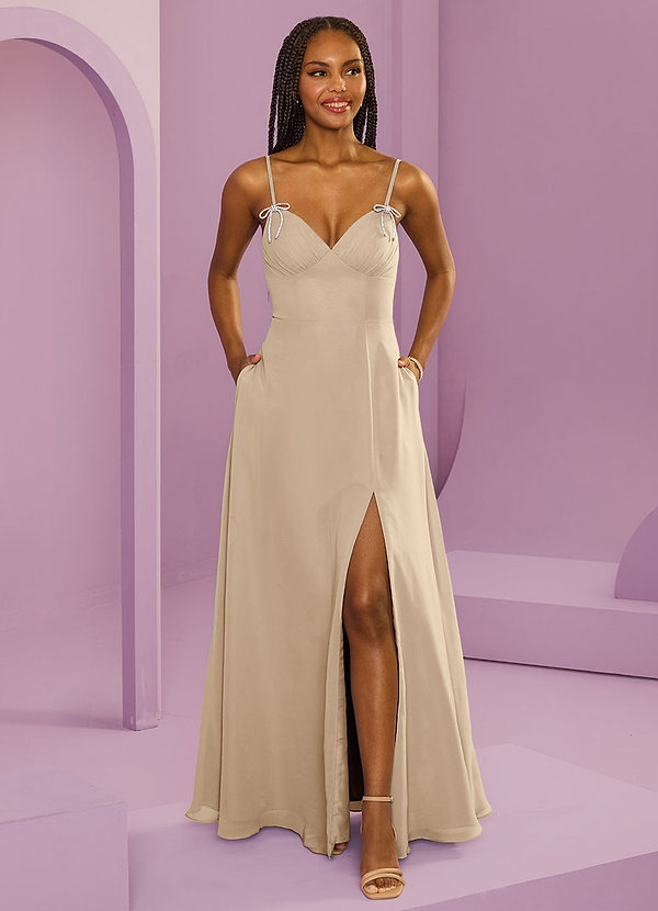 Barbie ♥ Azazie Bridesmaid Dresses Champagne A-Line with Pockets Chiffon Dress image1