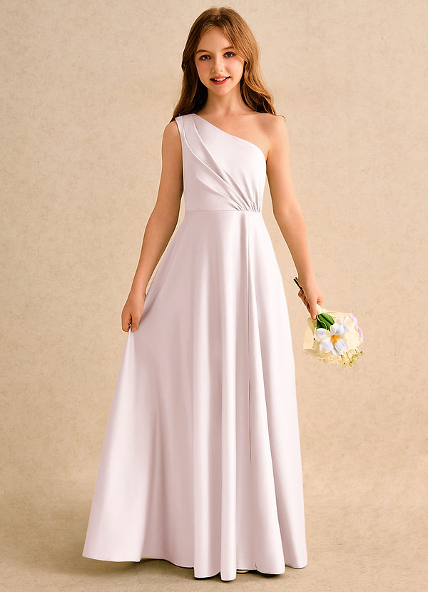Azazie Puddles Girls Formal Robes de cortège enfant Robe Trapèze en Mat Satiné Asymétrique Rose Pâle image1
