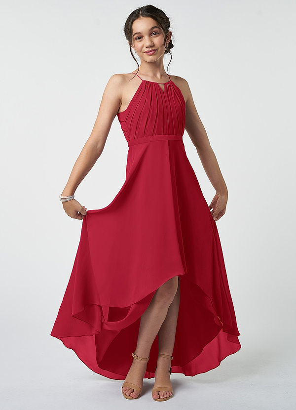 Azazie Oaklynn Junior Robe Trapèze en Mousseline de soie Plissée Écarlate image1