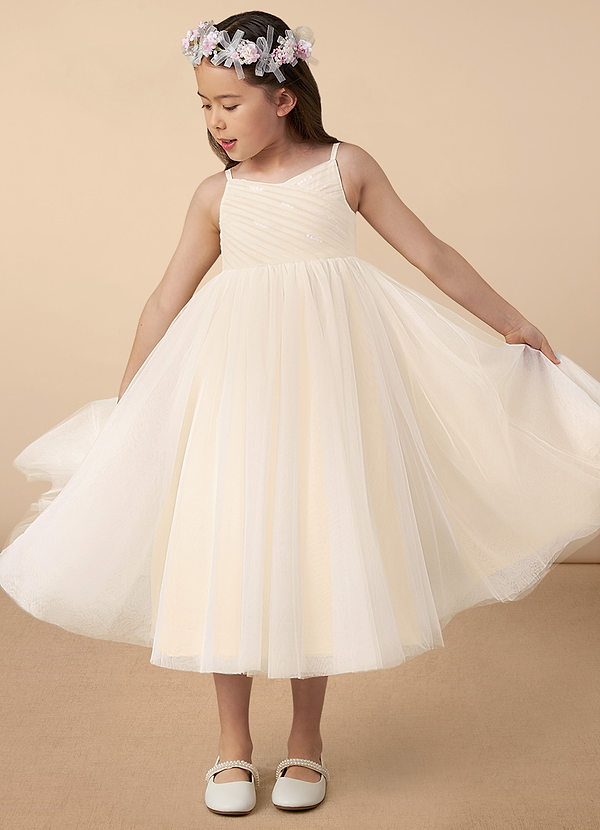 Azazie Amya Flower Girl Dresses Diamond White Champagne A-Line Pleated Tulle Dress image1