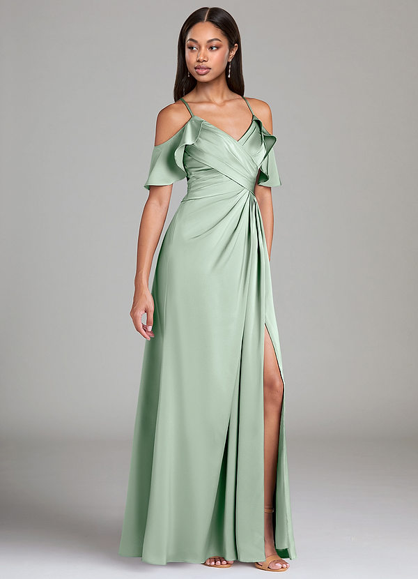 Azazie Dakota Bridesmaid Dresses Agave A-Line Off the Shoulder Stretch Satin Dress image1