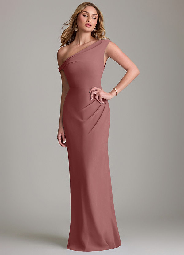 Azazie Emerson Bridesmaid Dresses Desert Rose Sheath Off the Shoulder Chiffon Dress image1