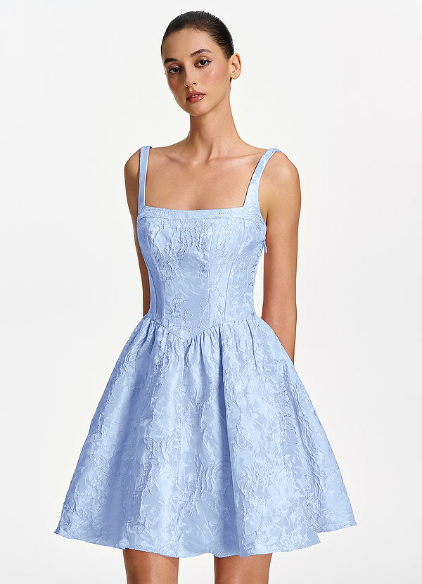 Lionelle Sky Blue Square Neck Jacquard Corset Lace-Up Mini Dress image1
