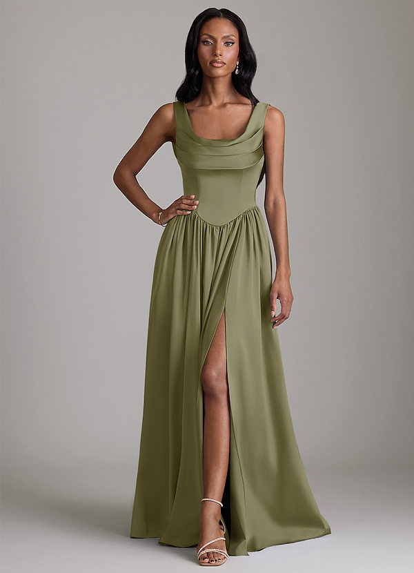 Azazie Novi Bridesmaid Dresses Pistachio A-Line with Pockets Stretch Satin Dress image1