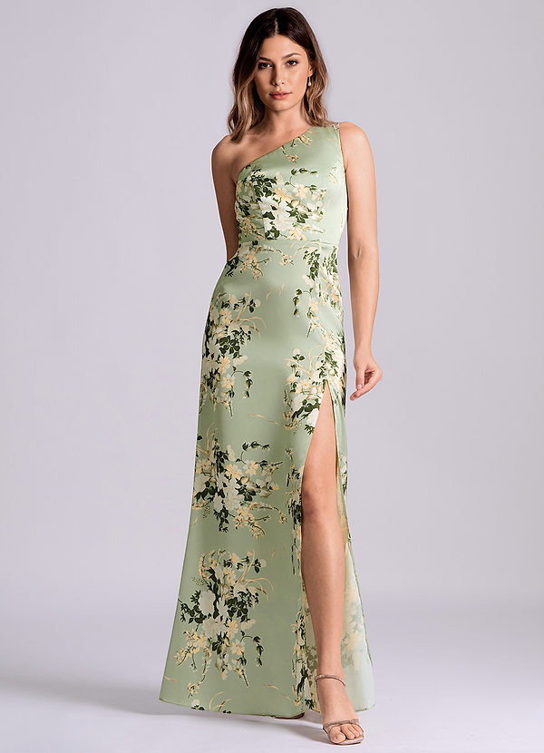 Azazie Phaedra Suknie dla druhen Linia A Jedno ramię Satyna elastyczna Do ziemi Sukienka image1