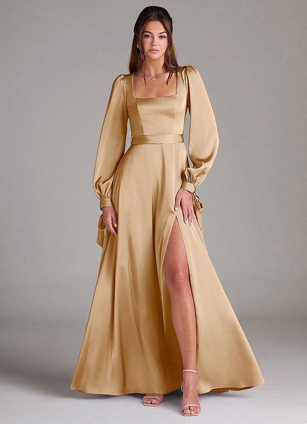 Azazie Leonia Bridesmaid Dresses Gold A-Line Long Sleeve Stretch Satin Dress image1