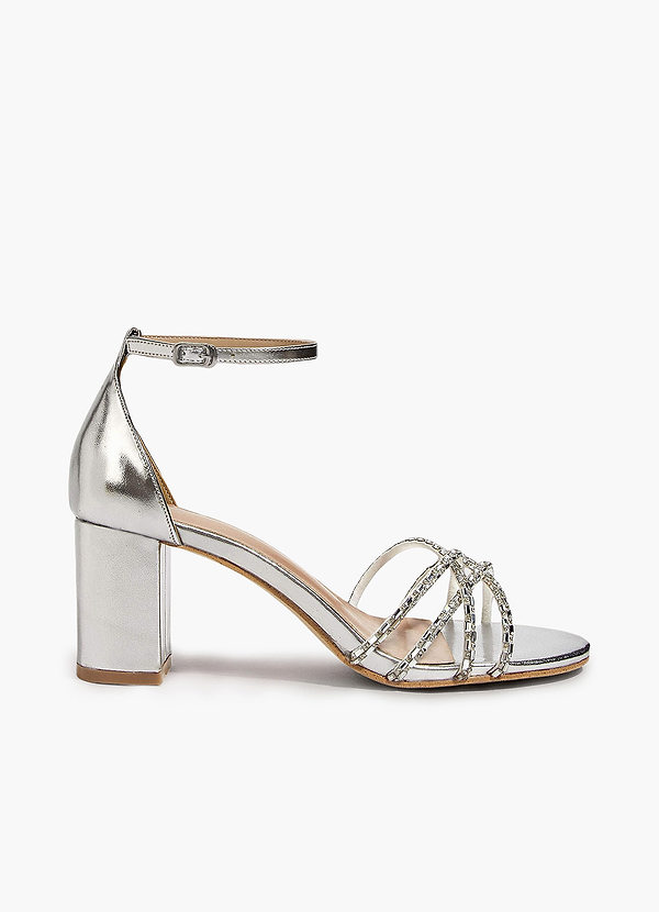front Silver Shiny Block Heel Sandals